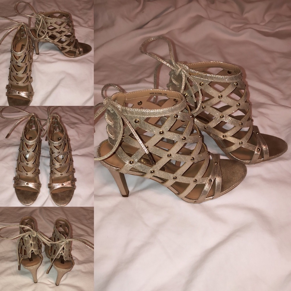 Open Toe Gold Bling Heel with Lace-Up Back